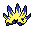 a digital pixel drawing of a creature that resembles a caterpillar, though it is spiky, yellow, and deep blue.