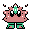 a pixel sprite of a creature resembling a ball of fluff with big eyes, a jewel in its forehead, and rain boots.