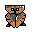 a pixel sprite of a creature resembling a rusted statue with folded wings and a triangular helmet-shaped head.