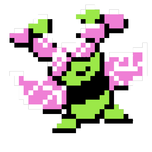 a digital pixel drawing of a bipedal insectoid figure, with two legs, two fairy wings, and two antennae resembling pigtails and bangs covering its eyes.