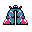 a digital pixel drawing of pink and blue robot legs with a tiny head and arms.
