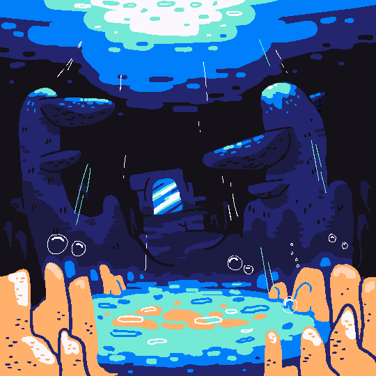 a digital pixel drawing of an underwater landscape. the foreground has a circle of short corals, the background is giant towering corals flanking a ruined structure containing a mirror, and light filters in from the surface far above.