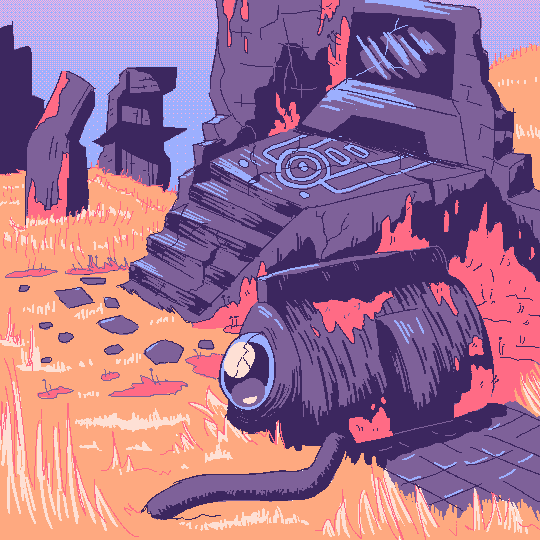 a digital pixel drawing of ancient technological ruins in grasslands. moss grows on the ruined machinery, and glowing lines make a symbol on the floor. tall buildings rise in the background.