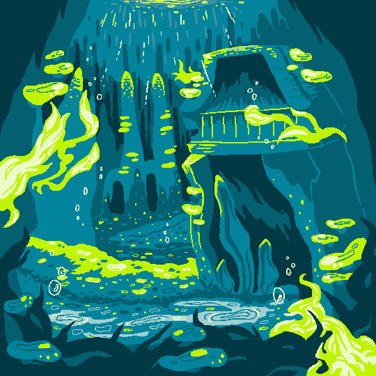 a digital pixel landscape drawing of ruins at the bottom of the ocean. in the foreground are corals, seaweed, and vine-like structures. in the midground is ruins, with coral growing on the walls. in the background, tall columns of coral grow, inseparable from an arced bridge and two dark entryways.