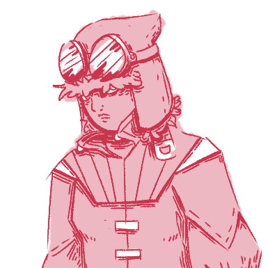a digital drawing of a girl in fantasy aviation gear: a pointed cap, large goggles, and a heavy leather coat. she is peering out from under the fur lining of the hood.