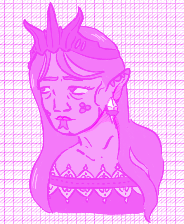 a digital drawing in monochrome shades of hot pink. the drawing is of a middle-aged woman with elf ears, a lacy shirt, a gem earring, and a wooden crown carved with three curved spikes. she has scales tattooed on her cheeks, and a snake's tongue tattooed below her mouth.