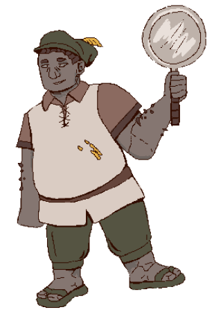 a digital drawing of a rocky 'earth elemental' man, wearing simple stained clothes and wielding a frying pan.