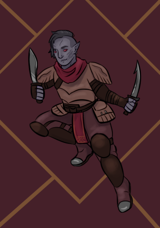a digital drawing of a Dunmer assassin from the Elder Scrolls. she is posed crouching with twin daggers at the ready.