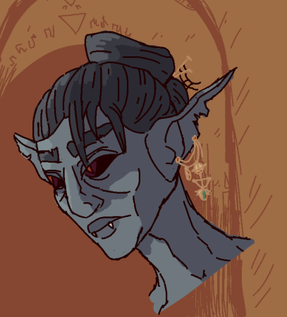 a digital drawing of a dunmer vampire, from the Elder Scrolls. their hair is in a bun, they have an elaborate earring, and their face is lined and decrepit.