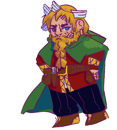 a digital drawing of a dwarf woman in richly colored clothing. she has thick facial hair and a long, braided beard. she has a headdress shaped like four wings. she has lined tattoos on her face. she is wearing a broad utility belt with a knife and a few pouches, a green cloak, black lined pants, and a red tunic lined with gold patterns.