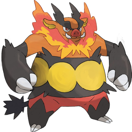 an edit of official artwork of the pokemon Emboar. it has been edited to have simplified, more organic-looking details including tusks, ears, arms, and waist pattern.