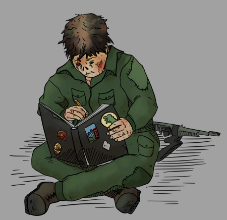 a digital drawing of a ghoul from Fallout. She is wearing green coveralls and is sitting cross-legged, drawing in a sketchbook perched on her legs.