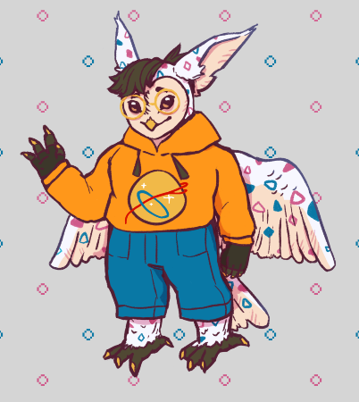 a digital drawing of an anthropomorphic owl. the patters resemble a barn owl, but the color is white and the coat pattern is that of the pokemon Togekiss. the anthro owl has a stripe of dark hair, big eyes, black hands and feet, and is wearing round glasses, a hoodie, and jeans.