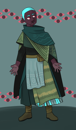 a digital drawing of a vampire in layered clothing, with a shaved head of cyan hair.