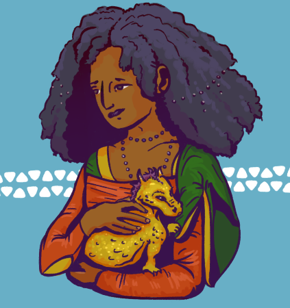 a digital drawing based on 'Lady With an Ermine' by Leonardo da Vinci. this woman has dark skin, thick poofy hair, and is holding a small golden dragon.