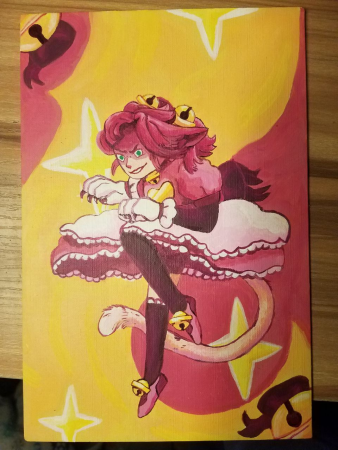 an acrylic painting of mad mew mew, from undertale. she is in an action pose, one leg down, one leg cocked, and her torso leaning forward, arm back and ready to strike. she has pink hair, cat ears, and large bells in her hair and on her neck and shoes. she is wearing a puffy, lacy, layered skirt, and a puffy shirt with a large golden heart on the chest. her hands are gloved, and clawed like a cat's. her shoes are ballet shoes, and her stockings are long, dark, and laced. she is grinning malevolently at the viewer, cat ears pinned back. her tail curls behind her. the background is abstract ribbon shapes and sparkles, with less abstract ribbons and bells in two corners.