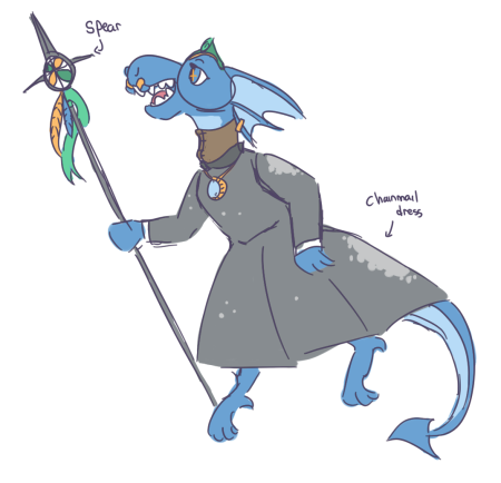 a digital drawing of a neopet. she is a cheerful blue draik with a chainmail dress, light blue amulet, and a colorful spear.
