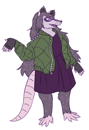 a digital drawing of an anthropomorphic possum girl with a raccoon mask pattern. she is wearing a padded jacket and a skir, and has long hair.