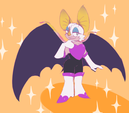 a digital drawing of rouge the bat, from sonic the hedgehog. she is drawn with the features of a honduran white bat. she is on a colored background with sparkles.