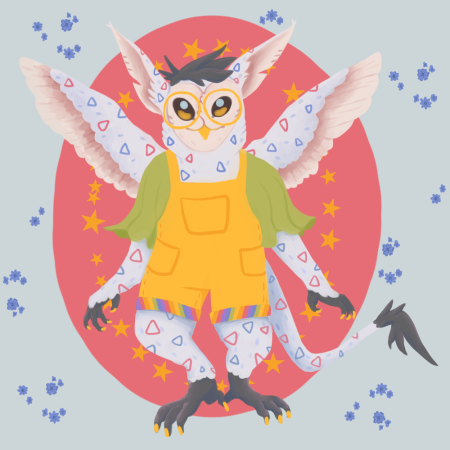 a digital painting of an anthropomorphic owl with rabbit-like ears, wings, a long tail, and geometric patterns. they have short hair, round glasses, and are wearing overall shorts over a shirt with short, flowing sleeves. they are on a background of a pink oval and repeated blue flowers.