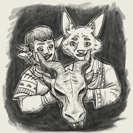 a digital drawing of two elder scrolls original characters, a dunmer and a khajiit, holding a dragon skull and giving offputting smiles. it's in a digital charcoal style.