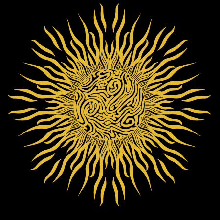 a digital drawing of a sun or star, rendered as a circle of swirling lines almost forming a thumbprint. similar swirling lines radiate out as light and flame.