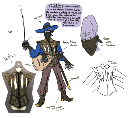 a digital drawing of a pathfinder character named Thenede. she has four arms, light purple skin, and fancy bardic clothing that's deep blue, and black with gold checks. she is wearing a sun hat, and holding a rapier and a lute. there is a secondary drawing of her without the hat, showing a large alien head shape. there is a reference image of her tunic, a black and gold checked renaissance costume tunic. a text bubble in the drawing reads as follows. Thenede (pronounced then a day) is a wandering Kasatha bard. she worships a goddess of travel, art, and the stars. she performs her music for free, making a living off tips and valuable gifts from lady admirers, suitors, and mistresses.