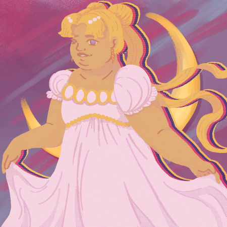 a digital drawing of Usagi Tsukino from Sailor Moon in her moon princess dress. Usagi is drawn fat, with soft, round features and a double chin.