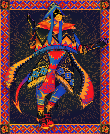 a digital drawing of a humanoid person, covered in complex layers of clothing, posed with a knee crooked and their arms up and entreating. the image is surrounded by a geometric border with floral squares at the corners. the person's face is in shadow, underneath a wide cloth hat and a gold facemask, though what skin is visible is a dusky purple. they have many layers of richly patterned, embroidered, and fringed clothing. the patterns range from geometric, seigaiha, and flame-like. a spade-tipped tail curls out from behind them. the background is a radial illustration of rocky terrain, and flame.