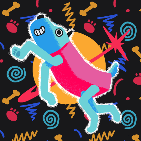 a digital drawing of a wobbledog in a rampant pose, on an 'arcade carpet' styled background.