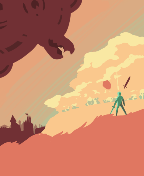 digital art. A man stands on a grassy field, holding a sword at his side. images of a shield, halberd, and sword float above him. woods and a castle town are in the background. up in the open sky, a sprawling shape occupies a corner of the image, and a great dragon-like maw is coming out of it towards the man.