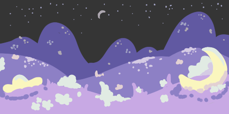 a digital pixel drawing of rolling hills beneath a starry night sky. the hills are studded with grasses, flowers, and what seem to be fallen cartoony stars and moons.