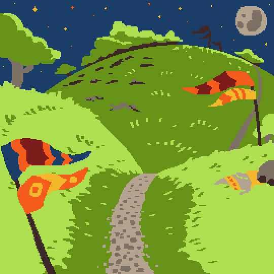 digital art of a nighttime scene on a hill. the hill is littered with war banners.