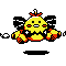 a pixel sprite of a creature like a simplified bee, with wings, and rocky arms shaped like pistols.