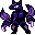 a pixel sprite of a bipedal creature with a fox-like head, big fins off its elbows, and scythes for hands.