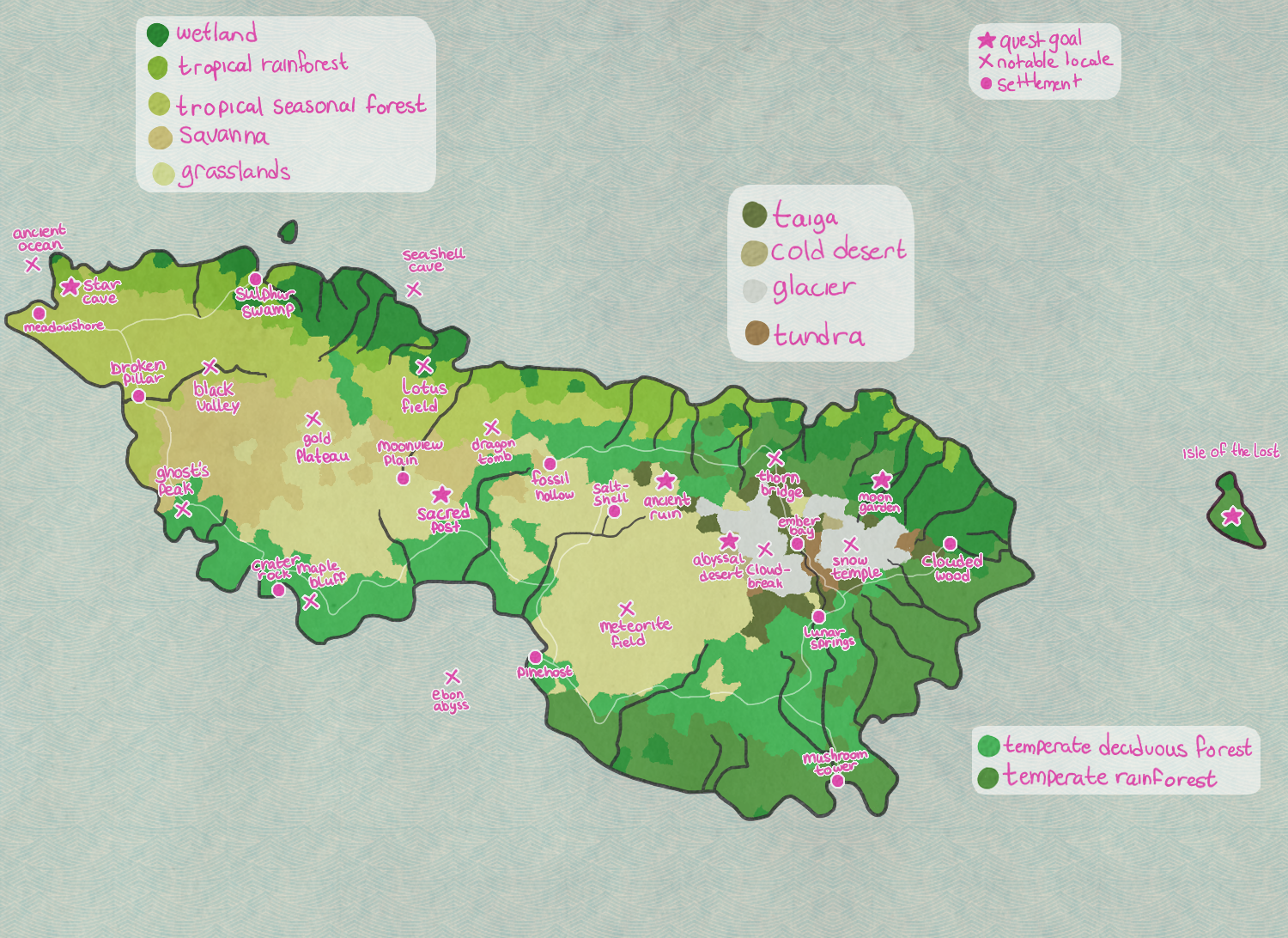 a map of the island. biomes and points of interest are marked.
