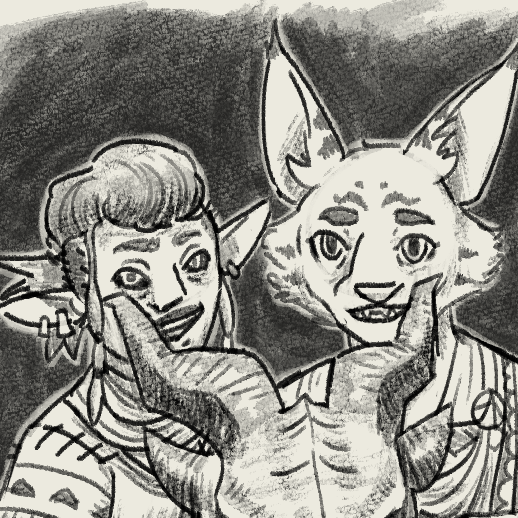 a digital drawing of two elder scrolls original characters, a dunmer and a khajiit, holding a dragon skull and giving offputting smiles. it's in a digital charcoal style.