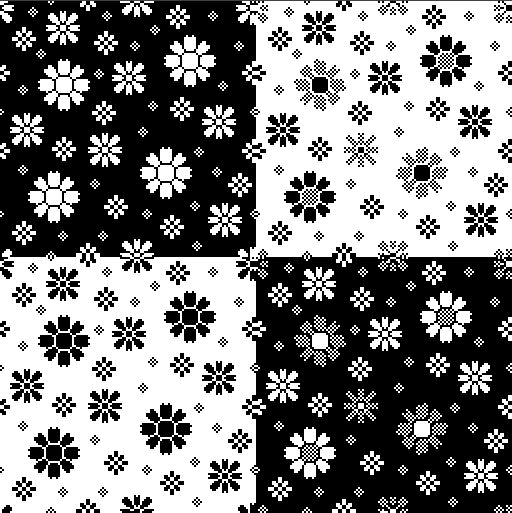 a digital screentone with a variety of sizes of pixel flowers.