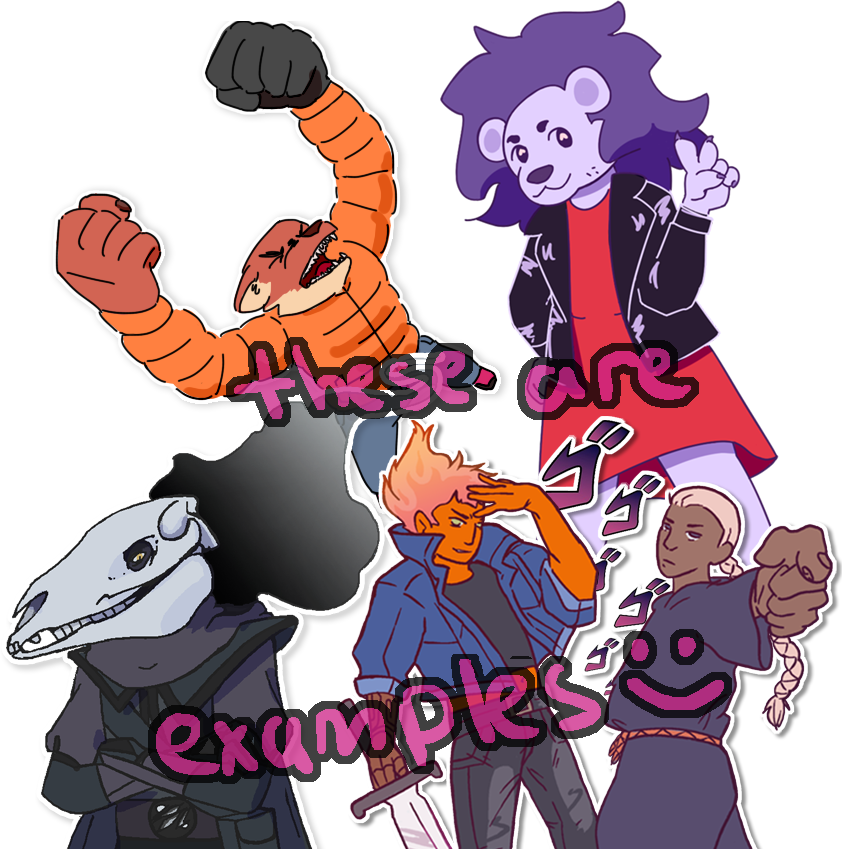 an image of commission examples. an orange anthro fox, a purple anthro lion, a vague figure in eastern-style armor wearing a horse skull, a red swordsperson with fiery hair, and a robed man with a long braid imitating a pose from Jojo's Bizarre Adventure.