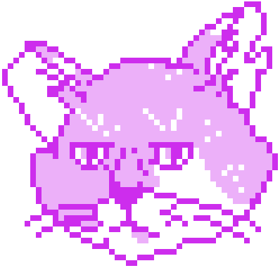 pixel art of a cat's head. the cat is black and white, with damaged ears and slightly angry looking eyes.