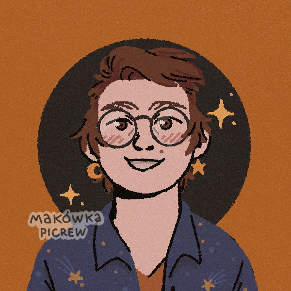 a picrew image of a person with light skin, short hair, and moon-and-star earrings.