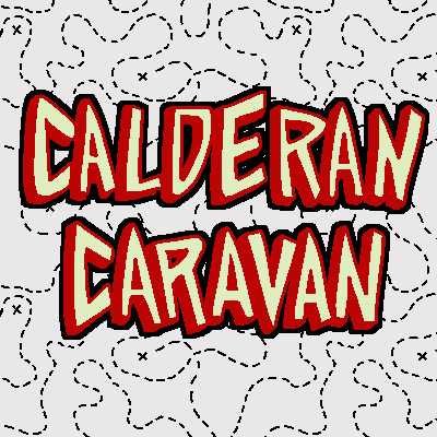 a logo for Calderan Caravan. the title is on a simple backdrop patterned like road lines on a map.