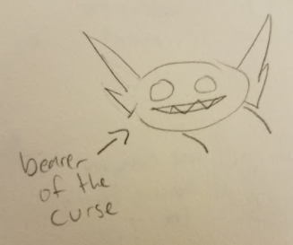 a simple drawing of a sableye. the text 'bearer of the curse' points to him with an arrow.