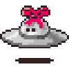 an enemy sprite from earthbound. it is a ufo with eyes and a ribbon.